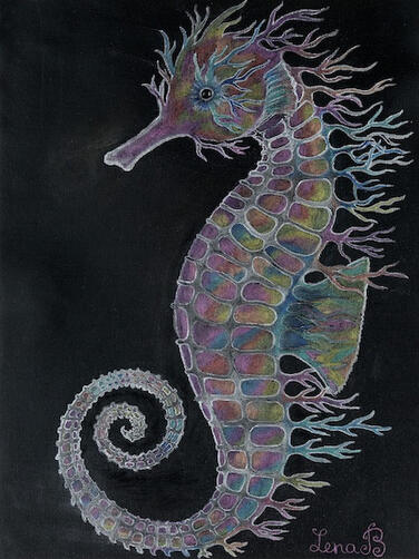 Ocean's Jewel (16'x12" White charcoal and metallic pencils on black canvas, not framed).